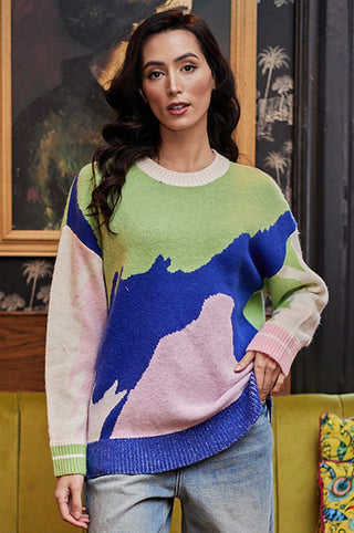 Abstract Print Knit Jumper in Green
