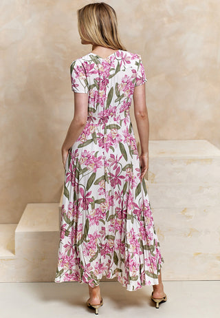 Ruched Waist Maxi Dress in Pink Floral Print