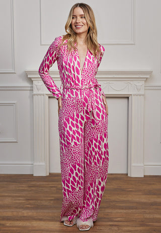 Plunge Neck Wide Leg Jumpsuit in Pink Leopard