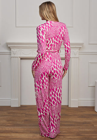 Plunge Neck Wide Leg Jumpsuit in Pink Leopard