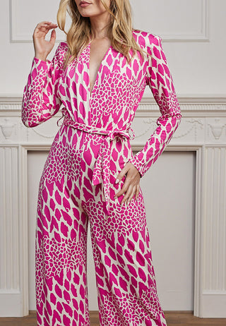 Plunge Neck Wide Leg Jumpsuit in Pink Leopard