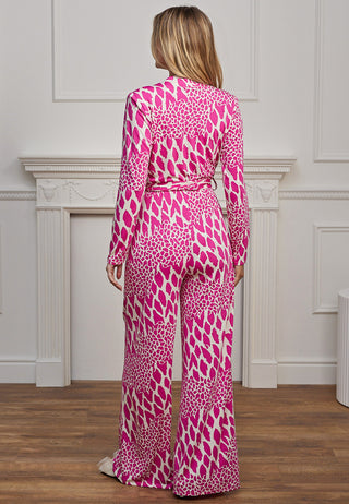 Plunge Neck Wide Leg Jumpsuit in Pink Leopard