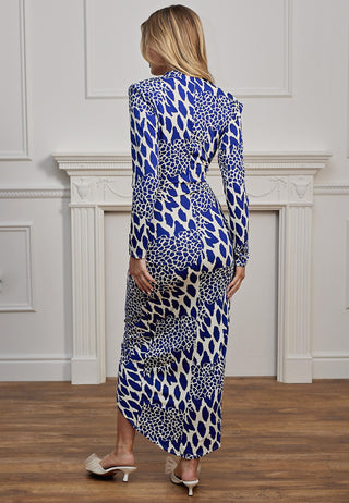 Plunge Neck Printed Wrap Midi Dress in Blue Leopard