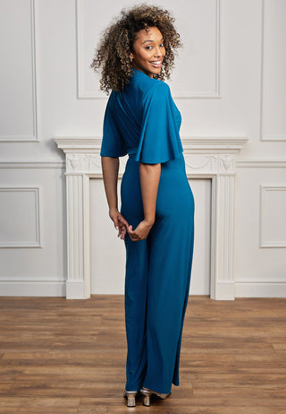 Plunge Angel Sleeve Jumpsuit with Tie Belt in Teal