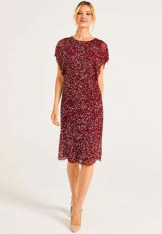 Embellished Midi Dress with Flutter Sleeve in Burgundy - ANGELEYE