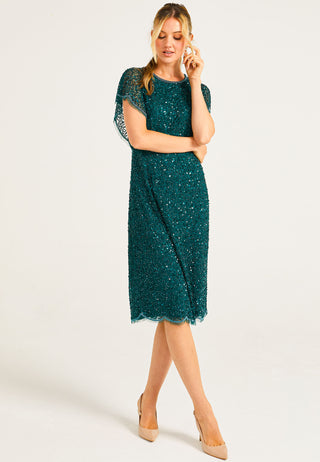 Embellished Midi Dress with Flutter Sleeve in Emerald Green - ANGELEYE