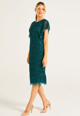 Embellished Midi Dress with Flutter Sleeve in Emerald Green - ANGELEYE