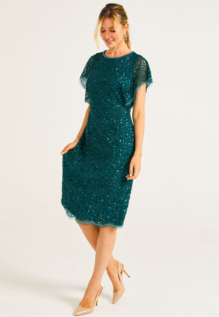 Embellished Midi Dress with Flutter Sleeve in Emerald Green - ANGELEYE