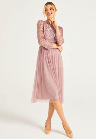 Embellished Sequin Long Sleeve Midi Dress in Lavender - ANGELEYE