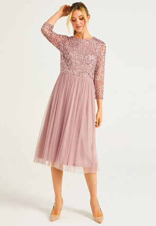 Embellished Sequin Long Sleeve Midi Dress in Lavender - ANGELEYE