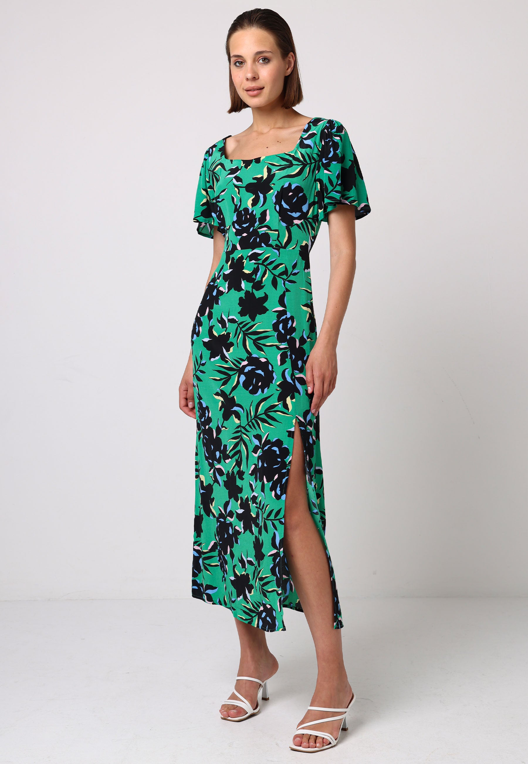 ANGELEYE Angel Sleeve Green Midi Dress With Side Slit