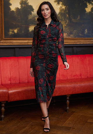 Black Bodycon Shirt Dress with Mesh Sleeves in Rose Print - ANGELEYE