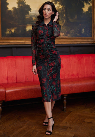 Black Bodycon Shirt Dress with Mesh Sleeves in Rose Print - ANGELEYE