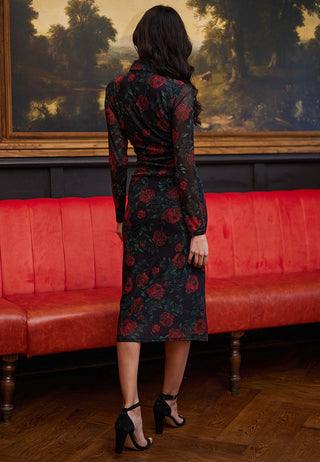 Black Bodycon Shirt Dress with Mesh Sleeves in Rose Print - ANGELEYE