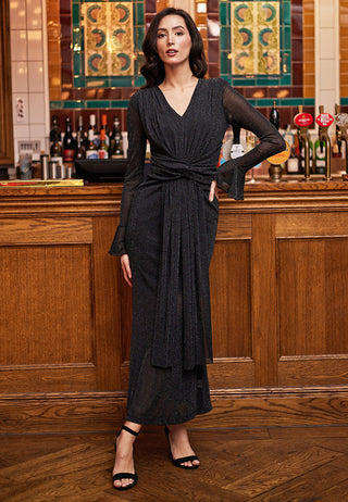 Midi Draped Mesh Dress in Black Glitter
