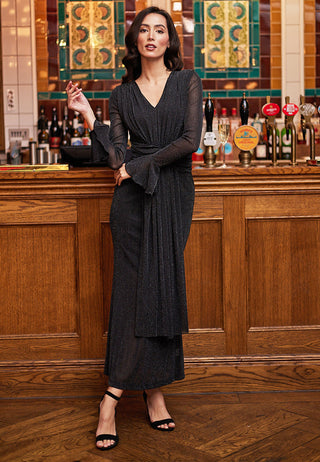 Midi Draped Mesh Dress in Black Glitter