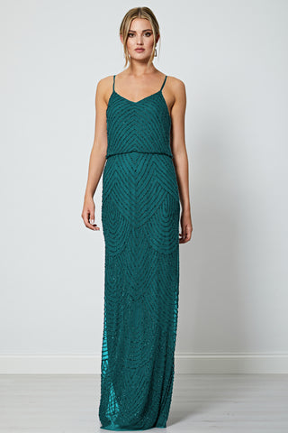 Cami Sequin Stripe Embellished Maxi Dress in Emerald Green - ANGELEYE