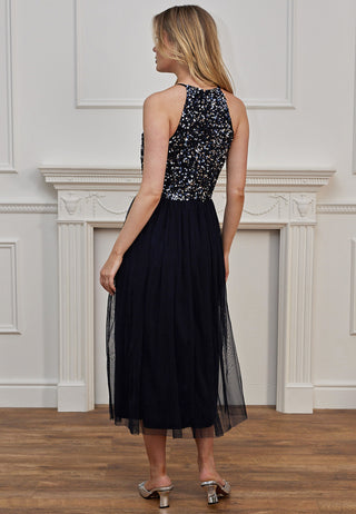 Embellished Halterneck Sequin Midi Dress in Navy - ANGELEYE