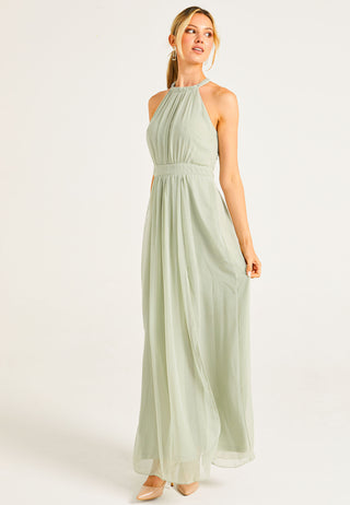 Beaded Halterneck Maxi Dress in Sage Green - ANGELEYE