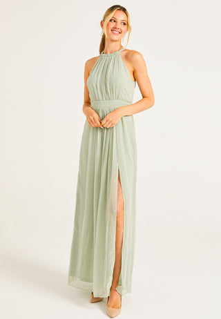 Beaded Halterneck Maxi Dress in Sage Green - ANGELEYE