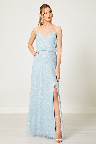 Scatter Embellished Sequin Maxi Dress in Silver Blue - ANGELEYE