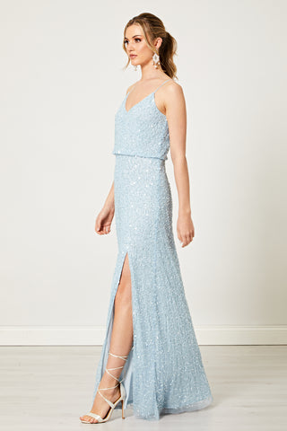 Scatter Embellished Sequin Maxi Dress in Silver Blue - ANGELEYE