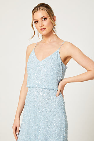 Scatter Embellished Sequin Maxi Dress in Silver Blue - ANGELEYE