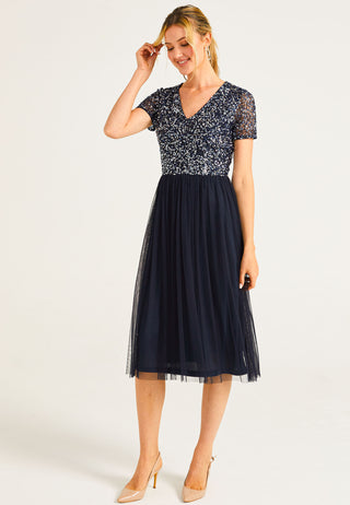 Embellished Sequin Baby Doll Midi Dress in Navy - ANGELEYE
