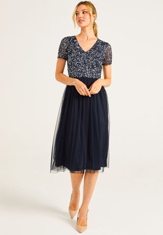 Embellished Sequin Baby Doll Midi Dress in Navy - ANGELEYE