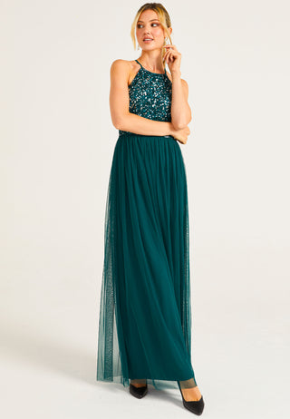 Embellished Halter Neck Maxi Dress in Emerald Green - ANGELEYE