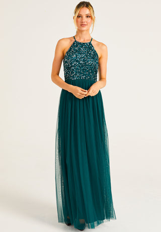 Embellished Halter Neck Maxi Dress in Emerald Green - ANGELEYE