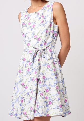 Belted Skater Mini Dress in White Floral