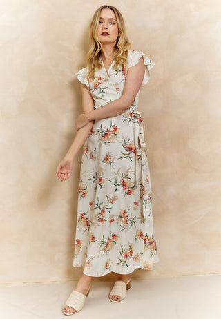 Wrap Cap Sleeve Maxi Dress in White Floral