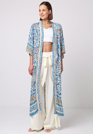 Maxi Long Sleeve Kimono in Blue Boho Print