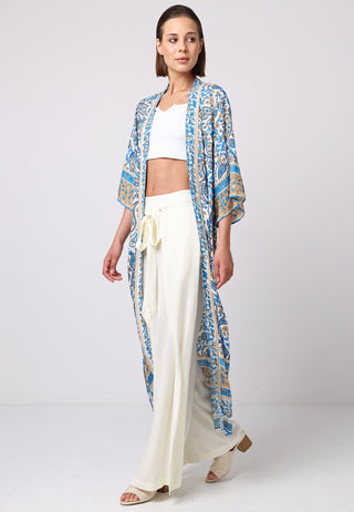 Maxi Long Sleeve Kimono in Blue Boho Print