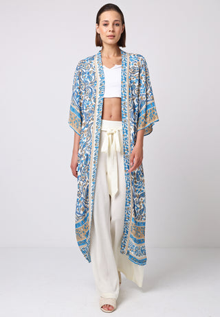 Maxi Long Sleeve Kimono in Blue Boho Print