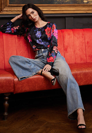 Floral satin black blouse