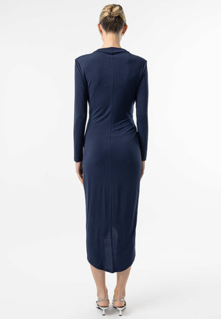 Faux Wrap Long Sleeves Midi Cocktail Dress in Navy - ANGELEYE
