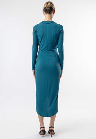Faux Wrap Long Sleeves Midi Cocktail Dress in Teal - ANGELEYE