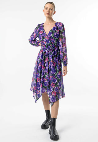 Faux Wrap Bias Hem Midi Dress in Purple Floral Print - ANGELEYE