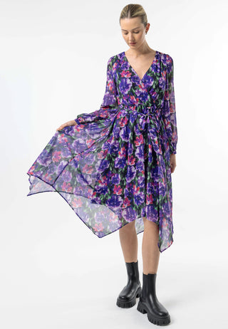 Faux Wrap Bias Hem Midi Dress in Purple Floral Print - ANGELEYE