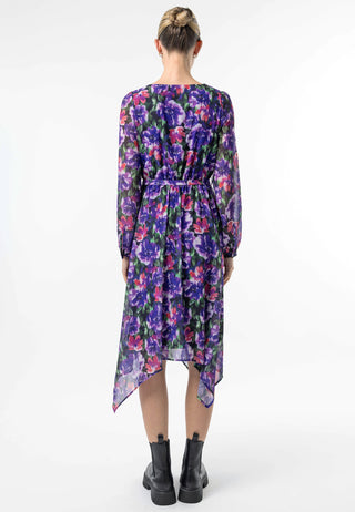 Faux Wrap Bias Hem Midi Dress in Purple Floral Print - ANGELEYE