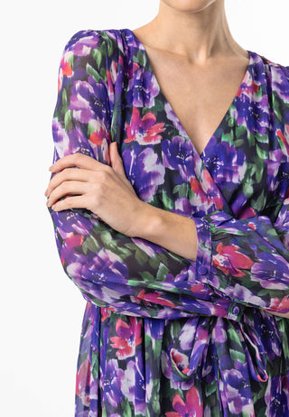 Faux Wrap Bias Hem Midi Dress in Purple Floral Print - ANGELEYE