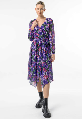 Faux Wrap Bias Hem Midi Dress in Purple Floral Print - ANGELEYE