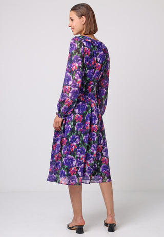 Faux Wrap Ruffle Detail Midi Dress in Purple Floral Print - ANGELEYE