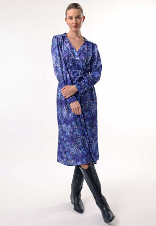 Collared Faux Wrap Midi Dress with Tie Waist in Blue Multi Print - ANGELEYE