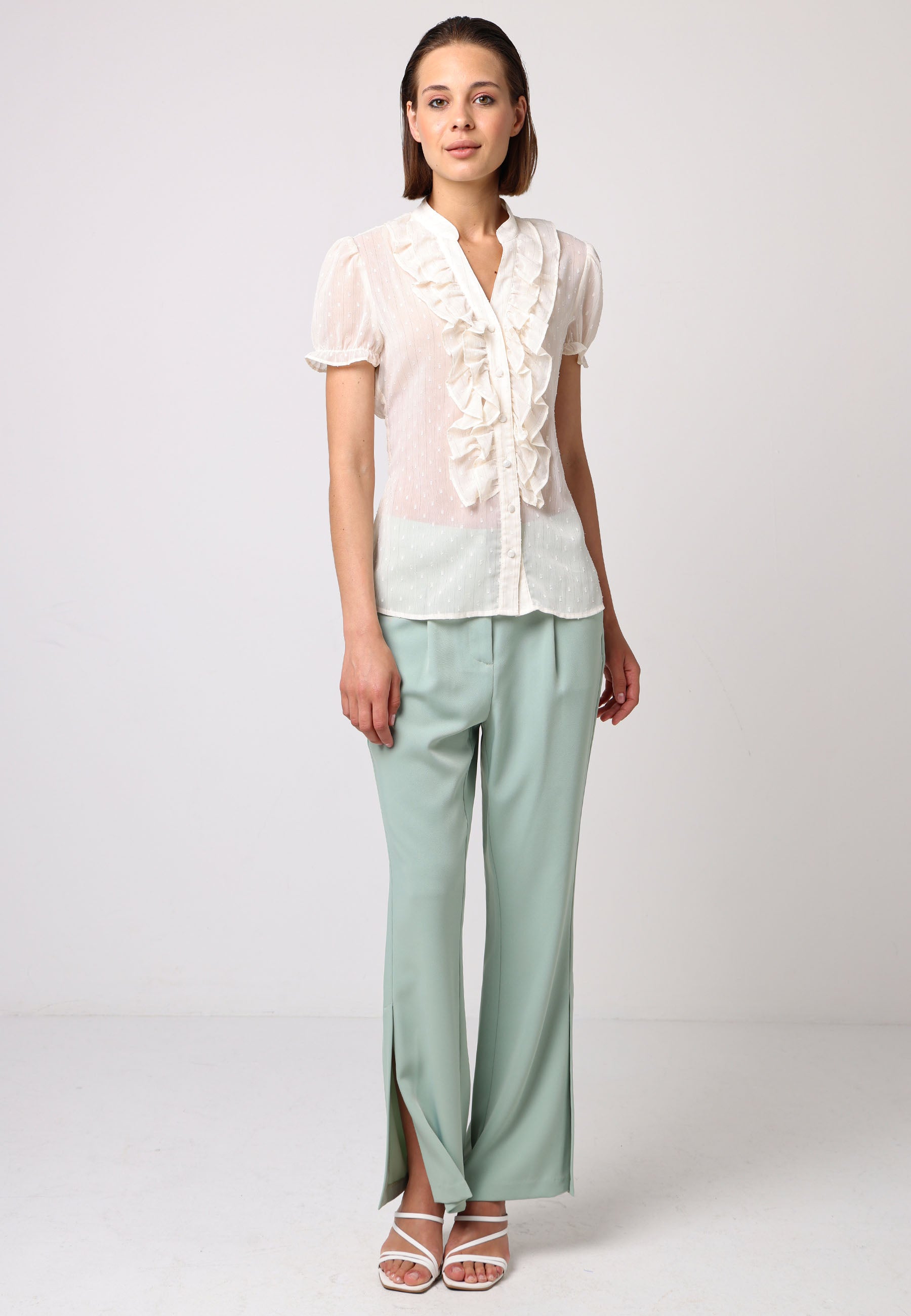 ANGELEYE Notch Neck Frill Details Cream Chiffon Shirt