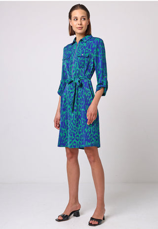 Midi Shirt Dress With Zip In Green Blue Animal Print - ANGELEYE