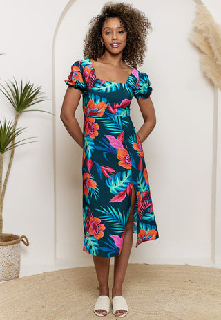Puff Sleeve Midi Dress in Tropical Print
