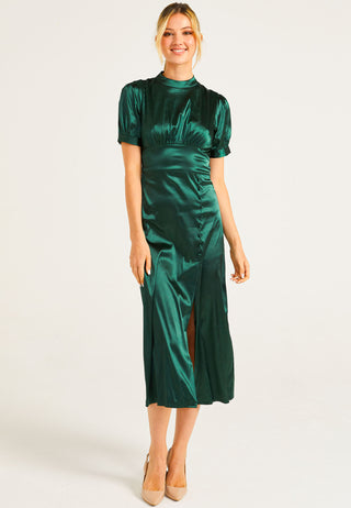 Puff Sleeve Midi Dress With Leg Slit In Dark Green - ANGELEYE